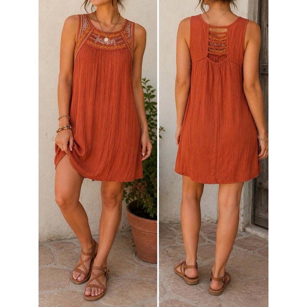 Faded Glory Rust Boho Embroidered Crinkle Gauze Sleeveless Mini Dress S Festival